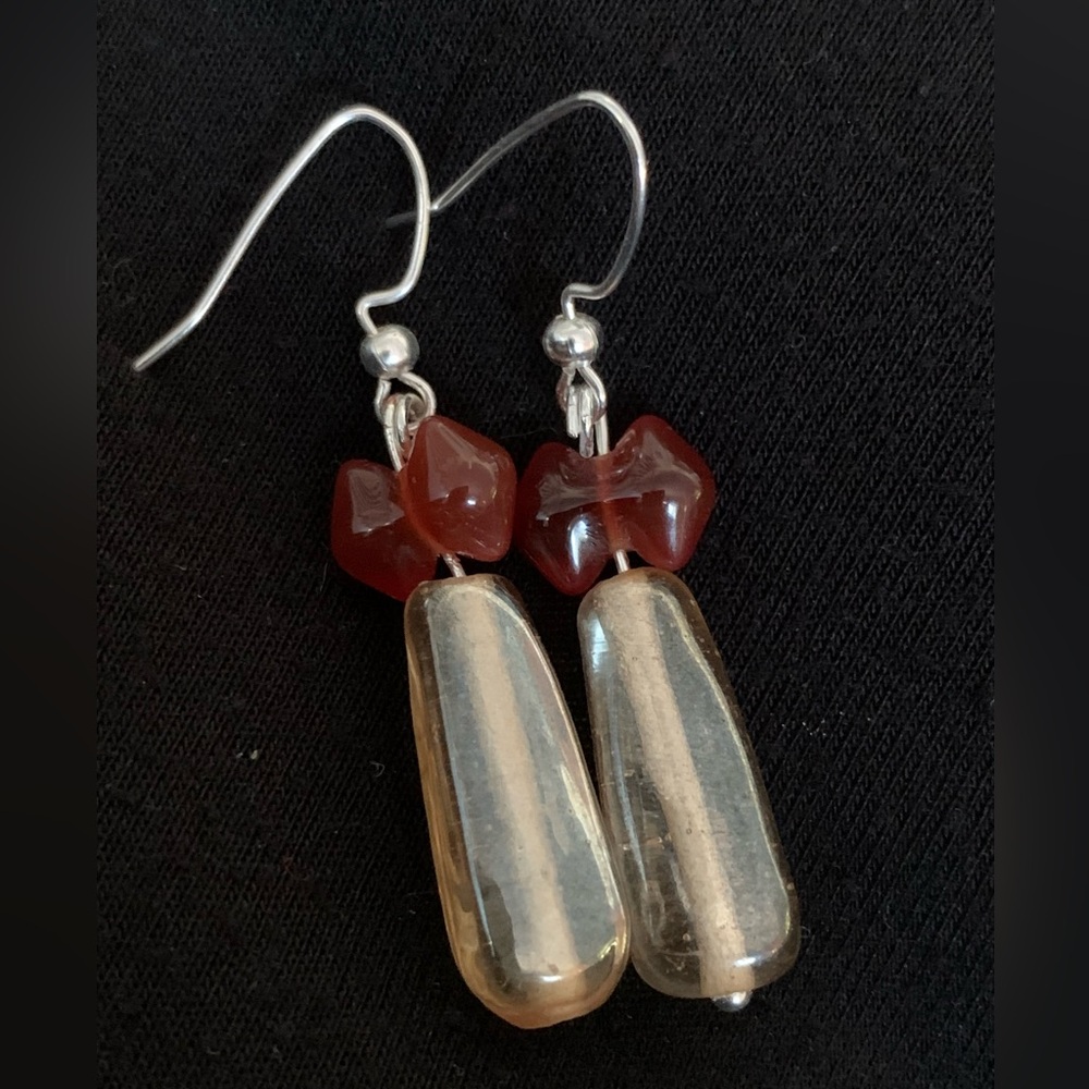 Hand Crafted Vintage Golden Drop Bead Earrings w/Red BowTie Glass Bead on top 2”